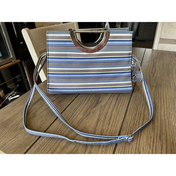 Vintage 90s Canvas Shell Purse Tote Fashion Retro Style Shoulder Handbag Striped - Picture 2 of 10